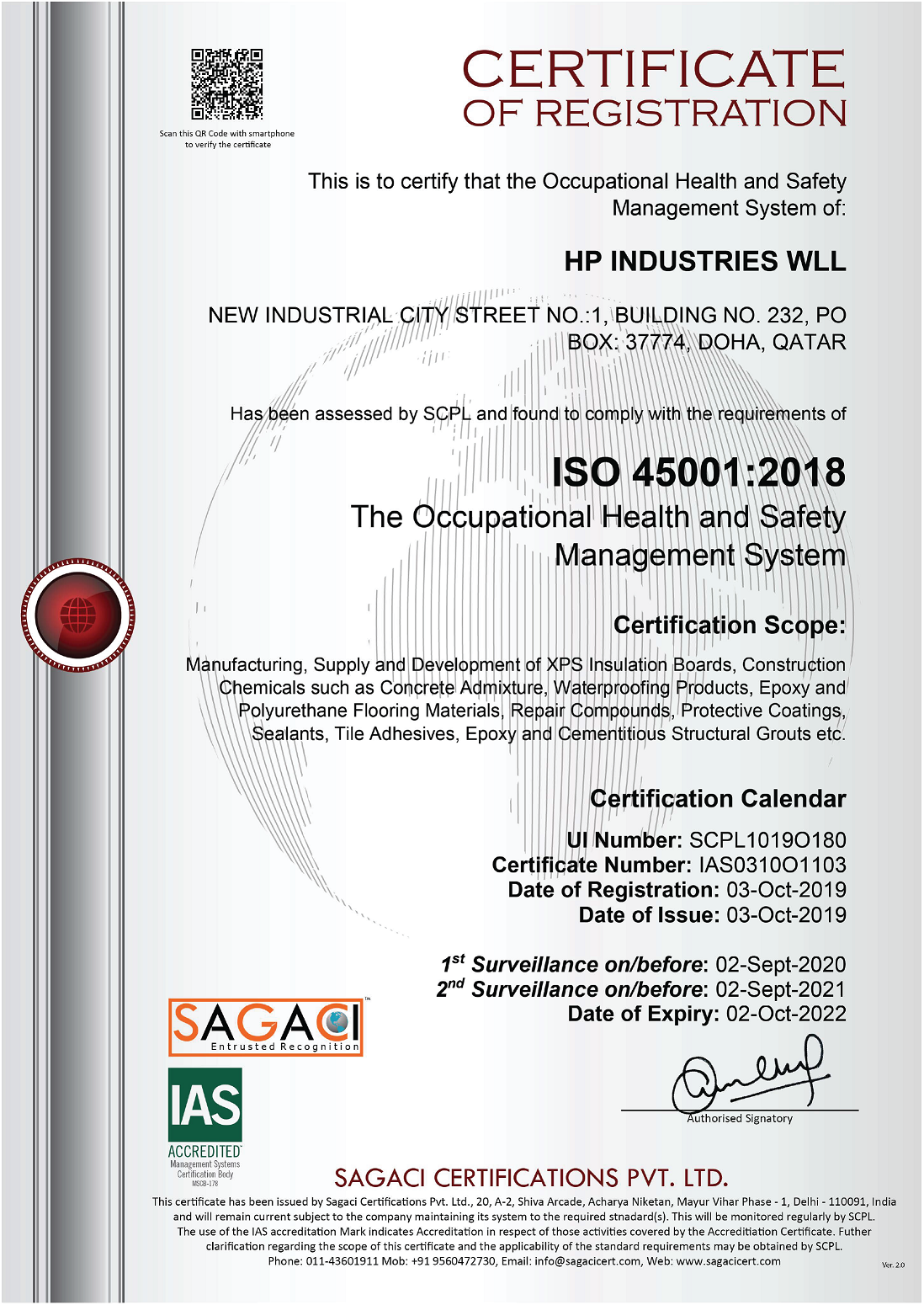 hp industries certification ISO 45001:2018 Health & Safety