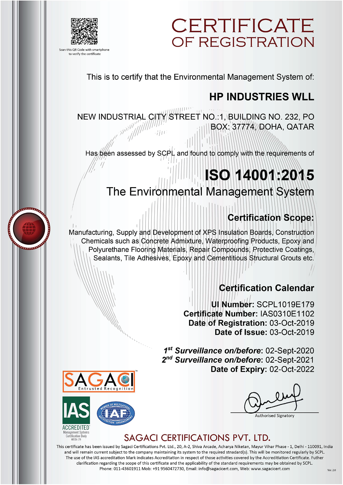 hp industries certification ISO 14001:2015 Environment Management